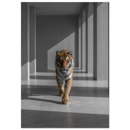 Tiger som går mot betraktaren i en korridor med valv – Fotorealistisk poster