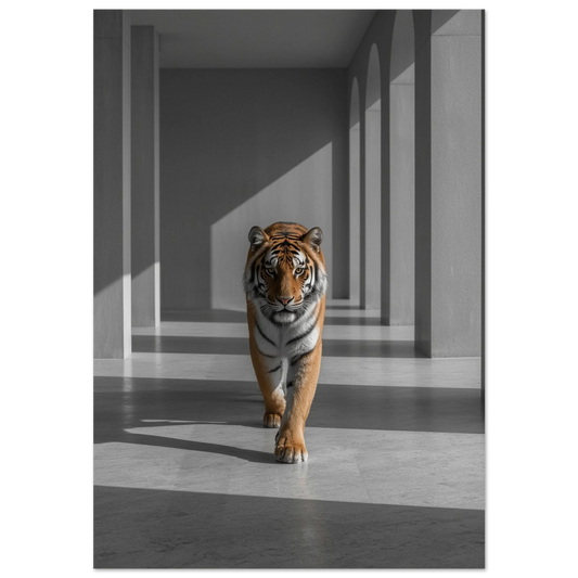 Tiger som går mot betraktaren i en korridor med valv – Fotorealistisk poster