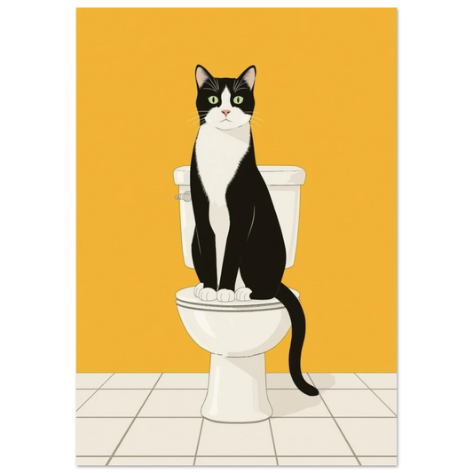 Tecknad svartvit katt sittandes på en toalett med gul bakgrund – tecknad poster