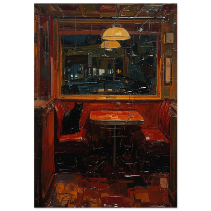Svart katt i rött restaurangbås, expressionistisk oljemålning med mörk bakgrund
