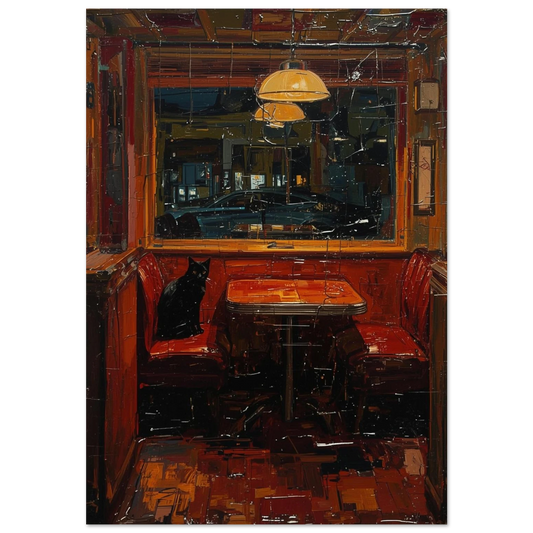 Svart katt i rött restaurangbås, expressionistisk oljemålning med mörk bakgrund