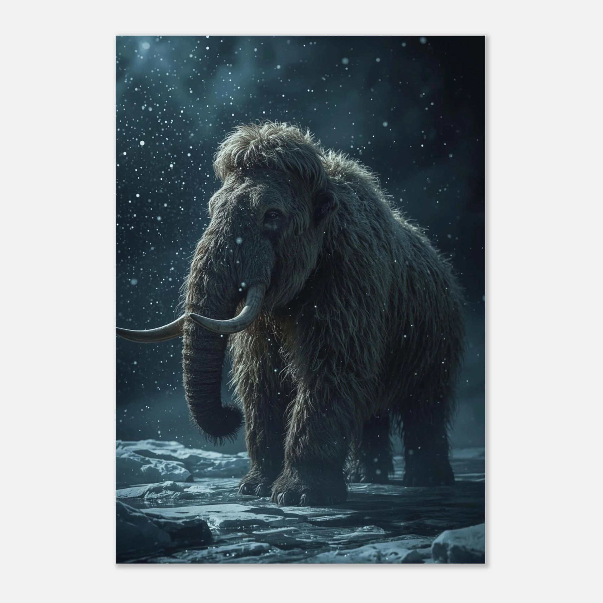 Stämningsfullt porträtt av en mammut på isen, frostig väggkonst