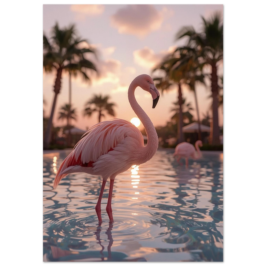 Rosa flamingo i en pool vid solnedgång med palmer i bakgrunden