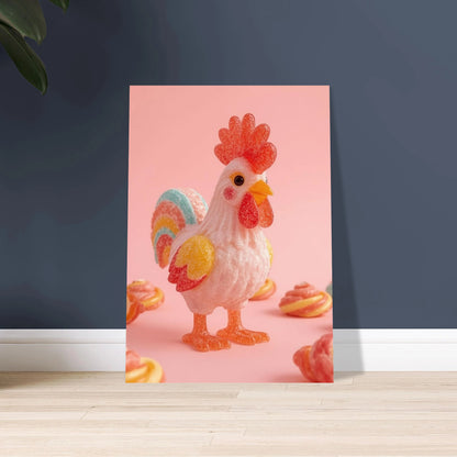 Söt godistupp i pastellfärger på rosa bakgrund med godisbitar.