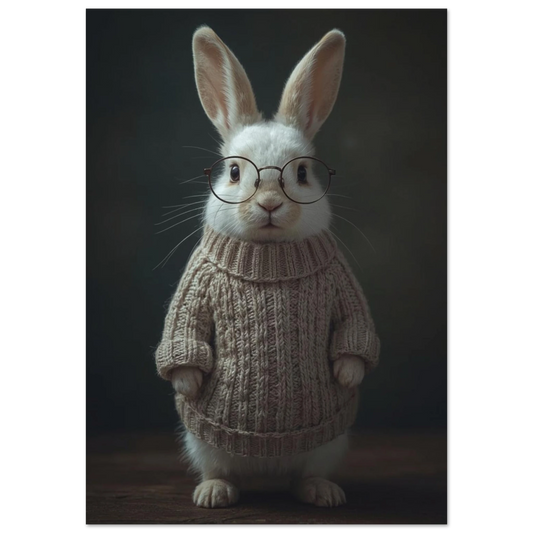 Vit kanin i stickad tröja och glasögon – Fotorealistisk poster