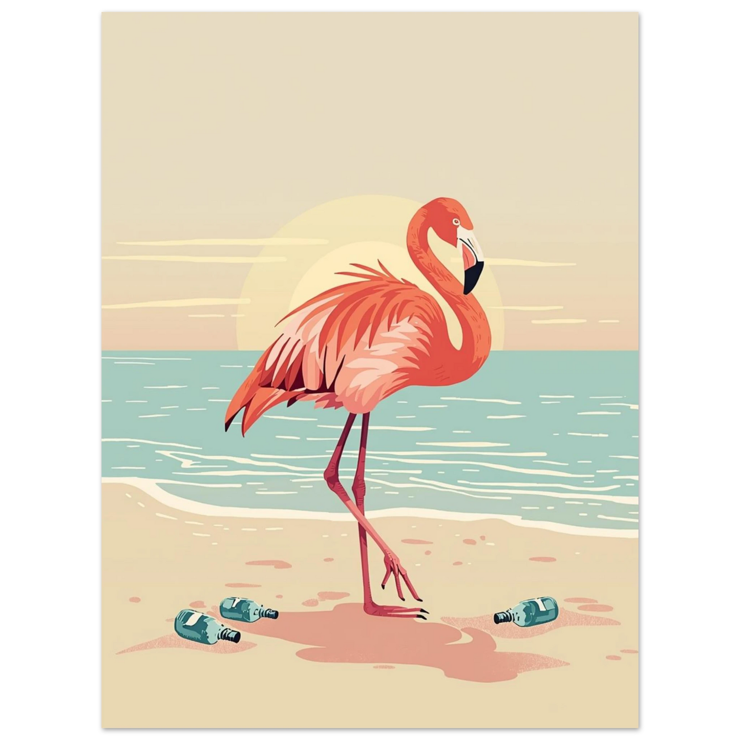 Modern djurposter föreställande en ståtlig flamingo i harmonisk strandmiljö