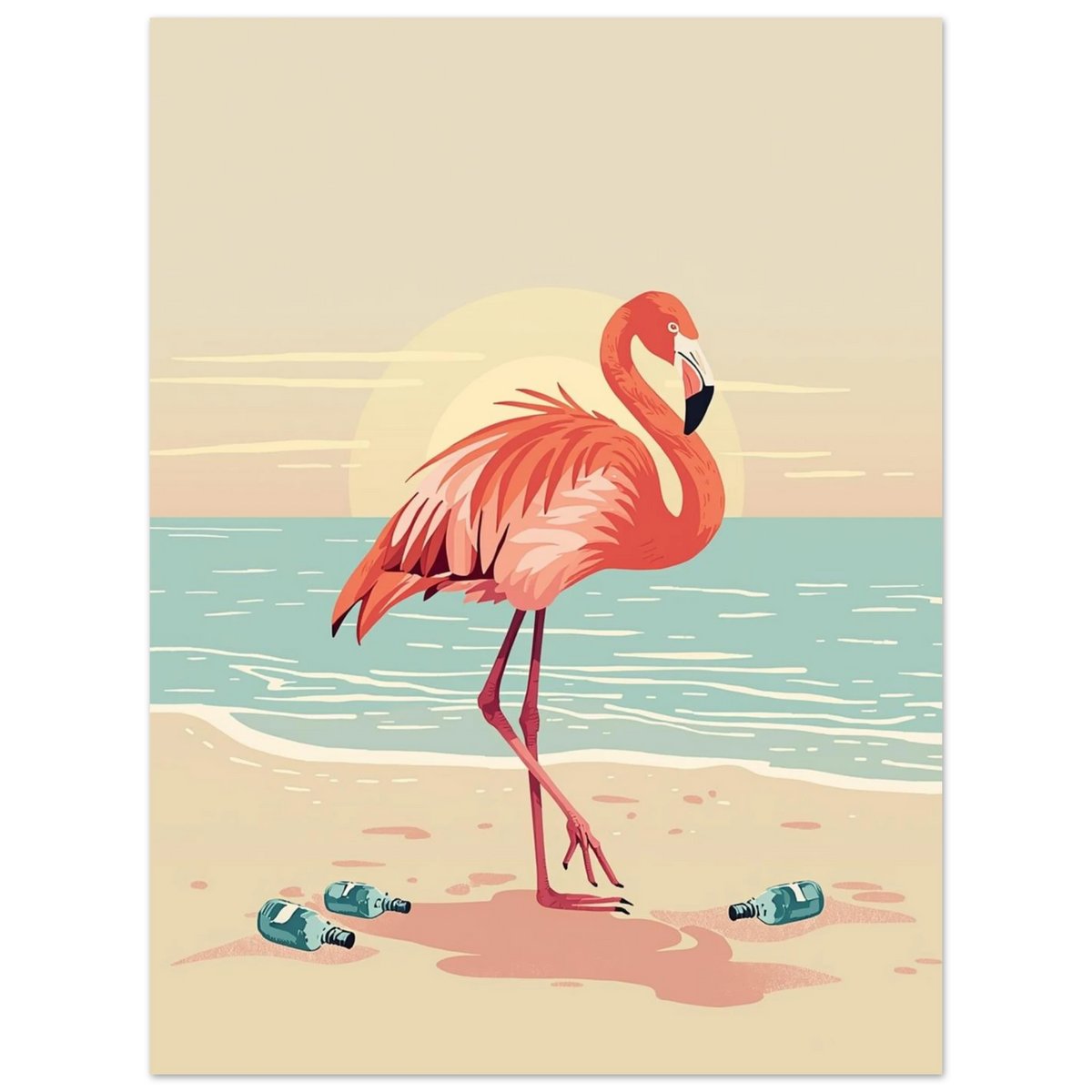 Modern djurposter föreställande en ståtlig flamingo i harmonisk strandmiljö