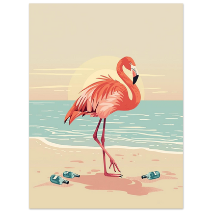 Modern djurposter föreställande en ståtlig flamingo i harmonisk strandmiljö