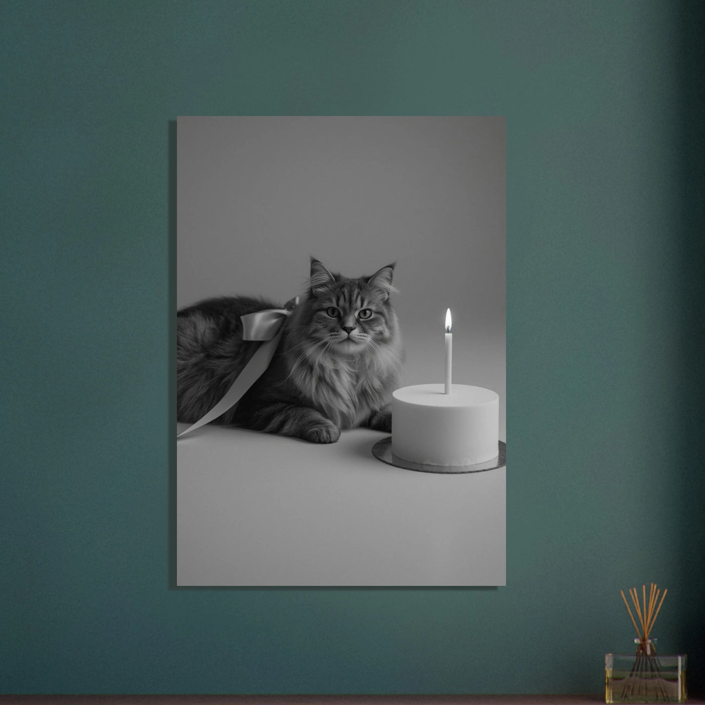 Svartvit katt med tårtljus, mystisk och elegant djurposter