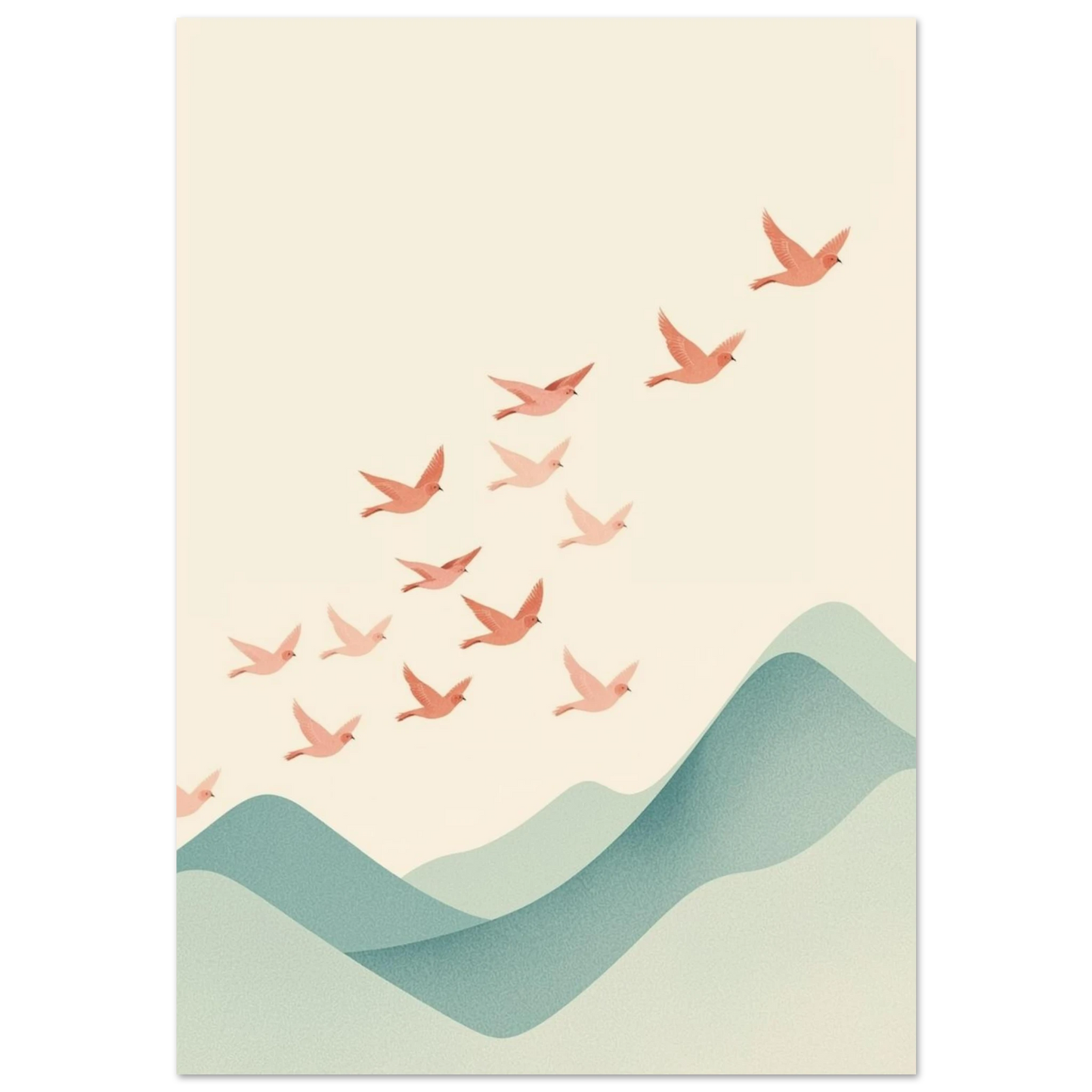 Rosa fågelflock som flyger över gröna berg – minimalistisk djurposter