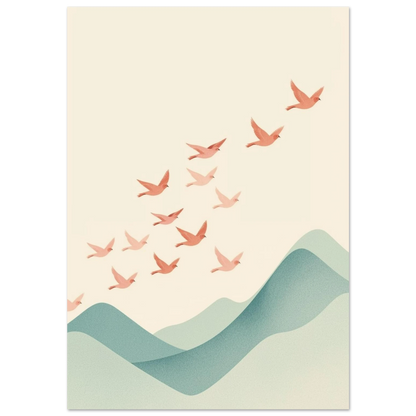 Rosa fågelflock som flyger över gröna berg – minimalistisk djurposter