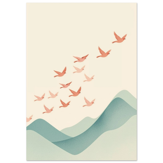 Rosa fågelflock som flyger över gröna berg – minimalistisk djurposter