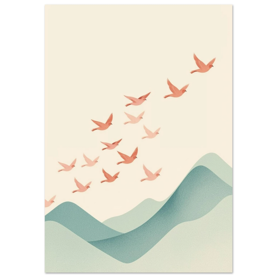 Rosa fågelflock som flyger över gröna berg – minimalistisk djurposter