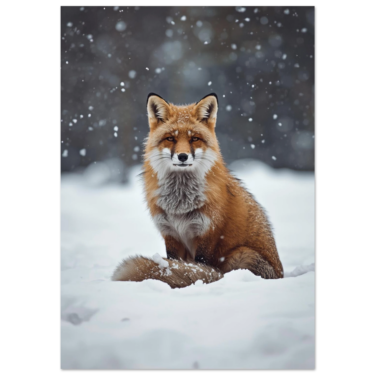 Röd räv sittande i djupsnö med fallande snöflingor – fotorealistisk poster