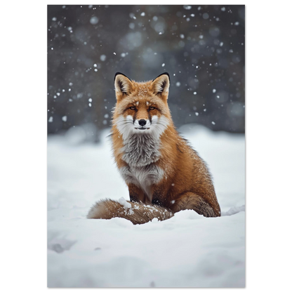Röd räv sittande i djupsnö med fallande snöflingor – fotorealistisk poster