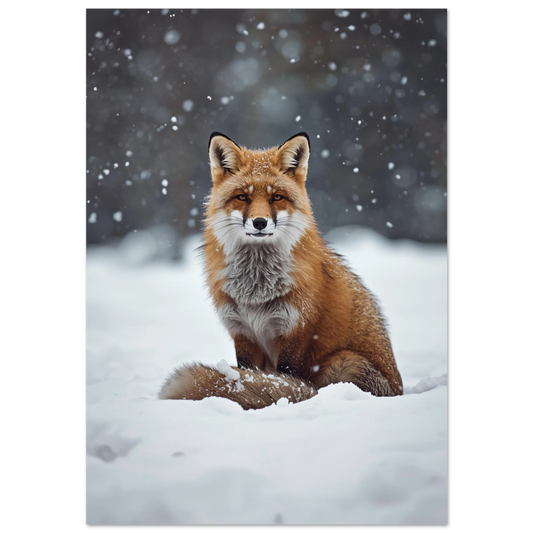 Röd räv sittande i djupsnö med fallande snöflingor – fotorealistisk poster