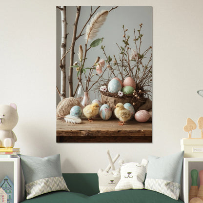 Kycklingar och påskägg på poster i ett barnrum ovanför en grön soffa – Fotorealistisk poster