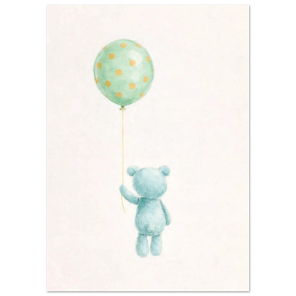 Konstnärlig illustration av nallebjörn med grön ballong, baksida – Målad poster