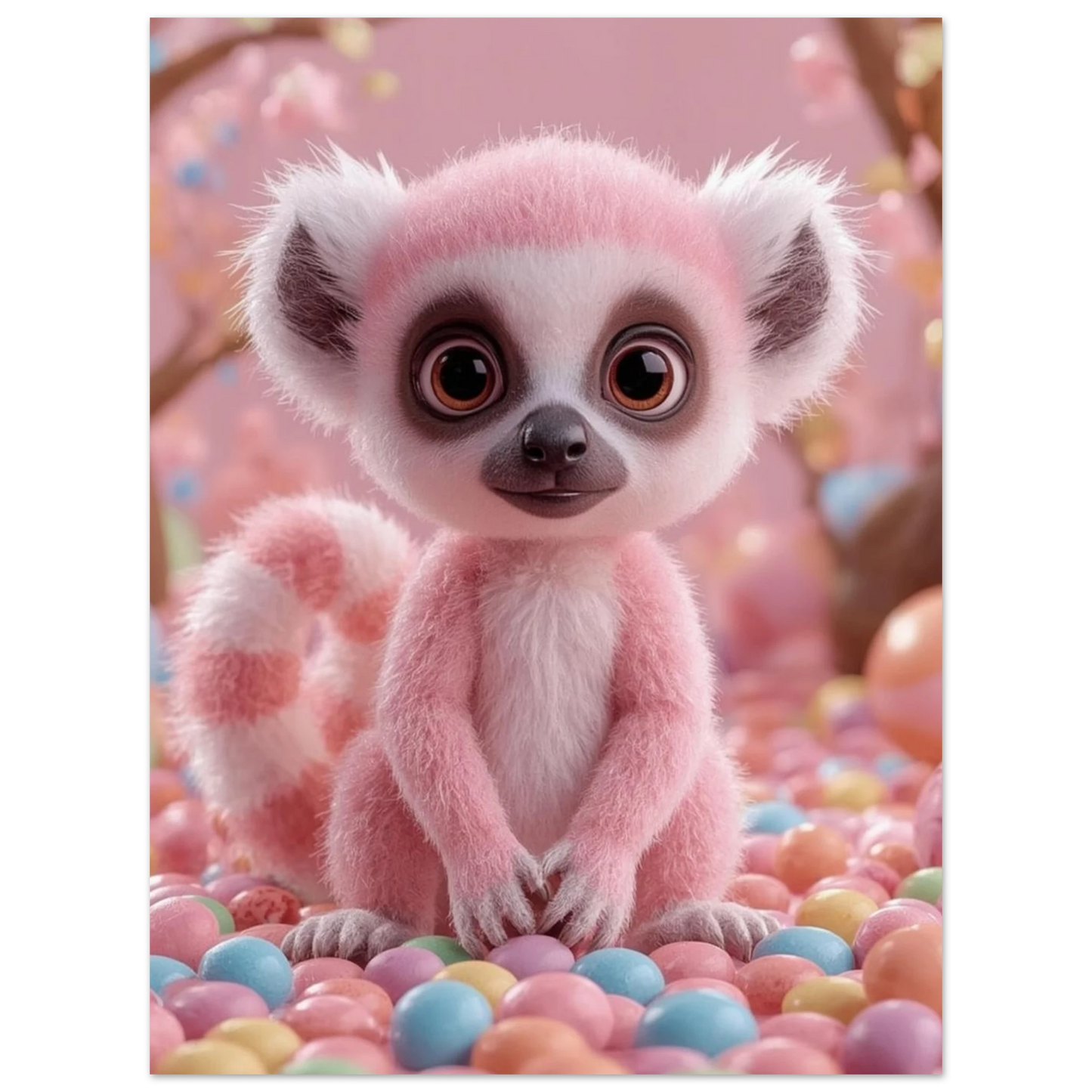 Detaljrik illustration av en rosa lemur i en mjuk pastellmiljö