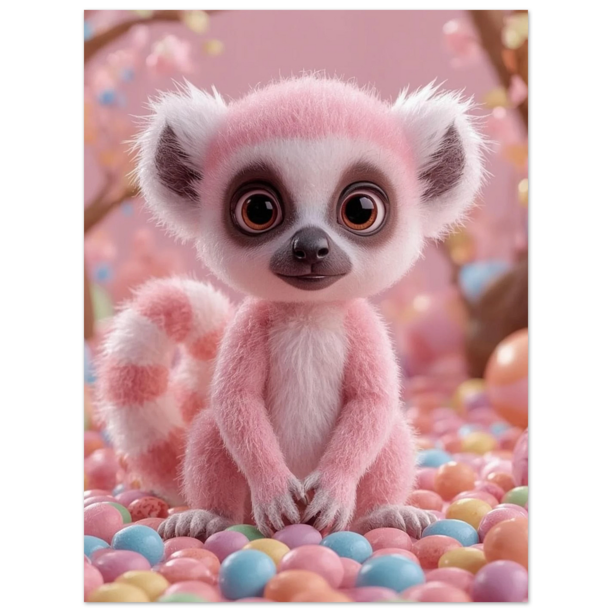 Detaljrik illustration av en rosa lemur i en mjuk pastellmiljö