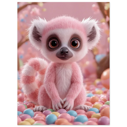 Detaljrik illustration av en rosa lemur i en mjuk pastellmiljö