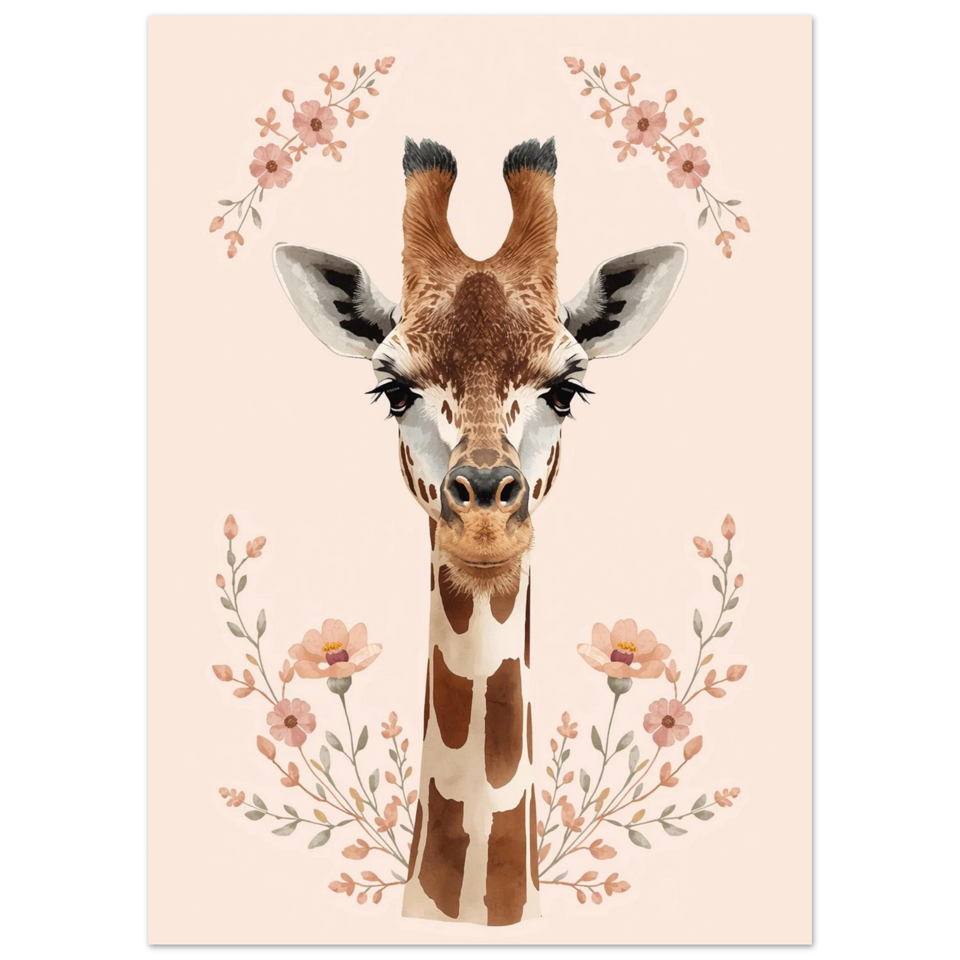 Närbild på giraffporträtt i mjuk akvarellstil med blommiga detaljer – väggkonst