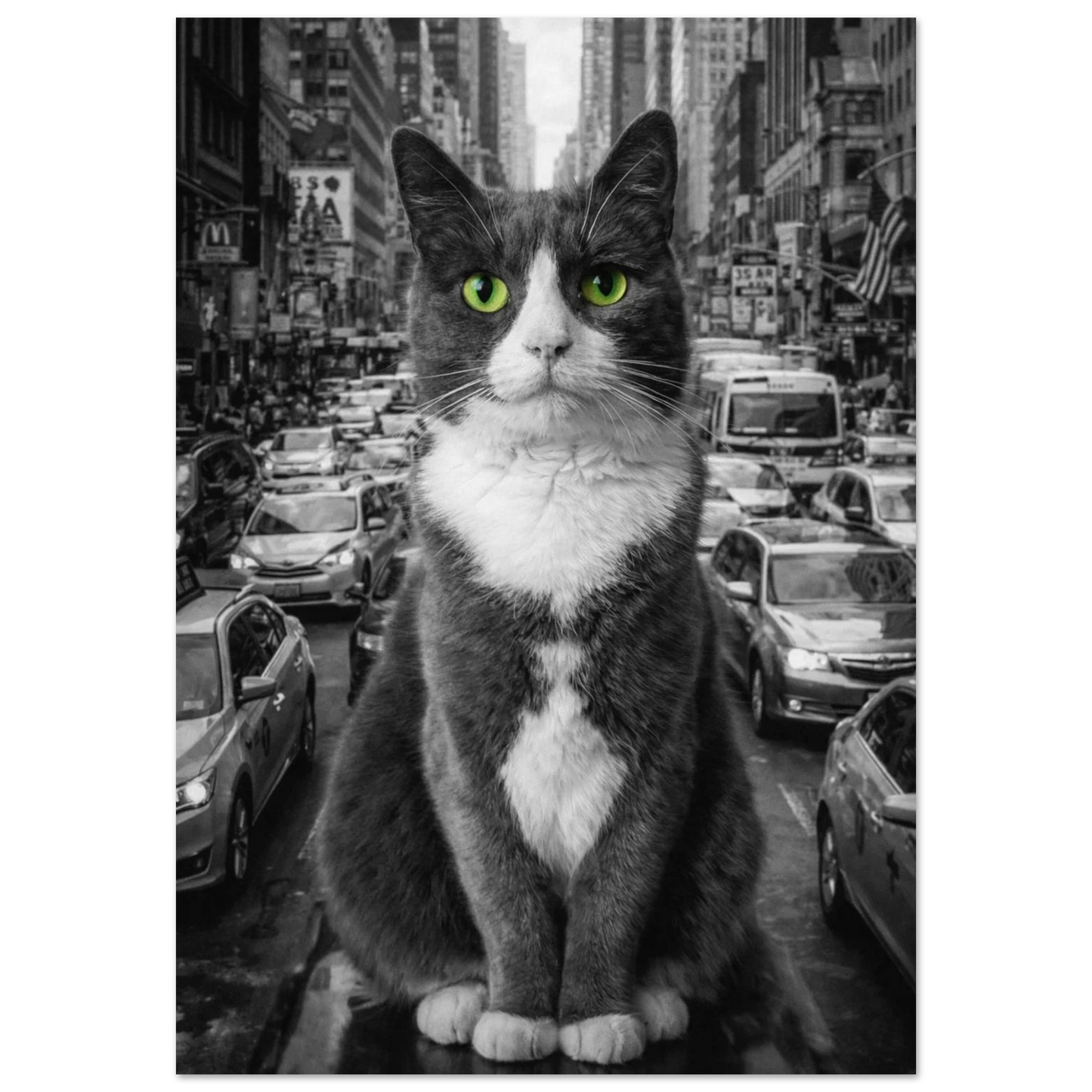 Svartvit bild på en katt med lysande gröna ögon framför en livlig stadstrafik – Fotorealistisk poster
