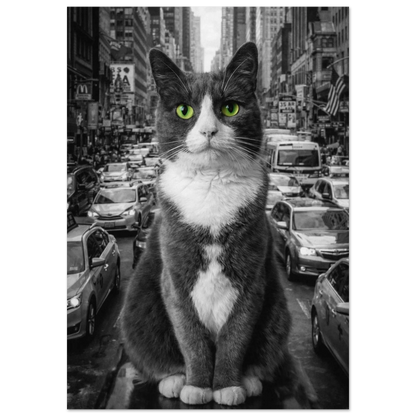 Svartvit bild på en katt med lysande gröna ögon framför en livlig stadstrafik – Fotorealistisk poster
