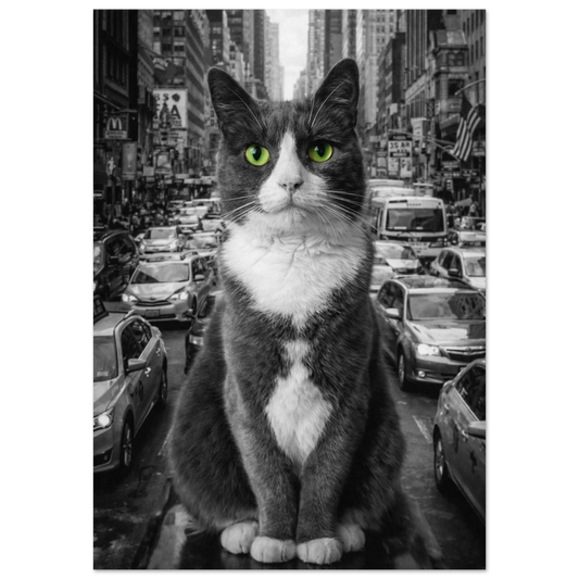 Svartvit bild på en katt med lysande gröna ögon framför en livlig stadstrafik – Fotorealistisk poster