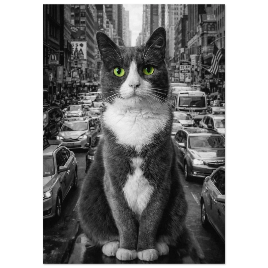 Svartvit bild på en katt med lysande gröna ögon framför en livlig stadstrafik – Fotorealistisk poster