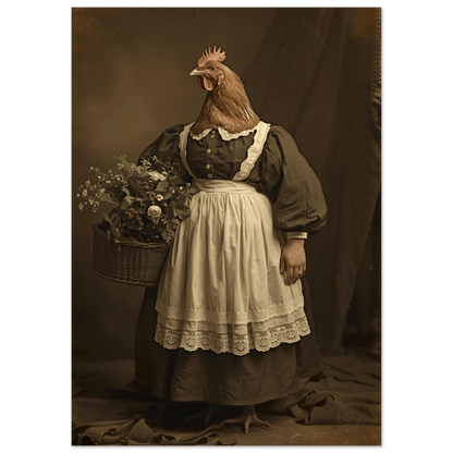 Surrealistisk djurposter föreställande en höna som bär en blomkorg, sepia-ton