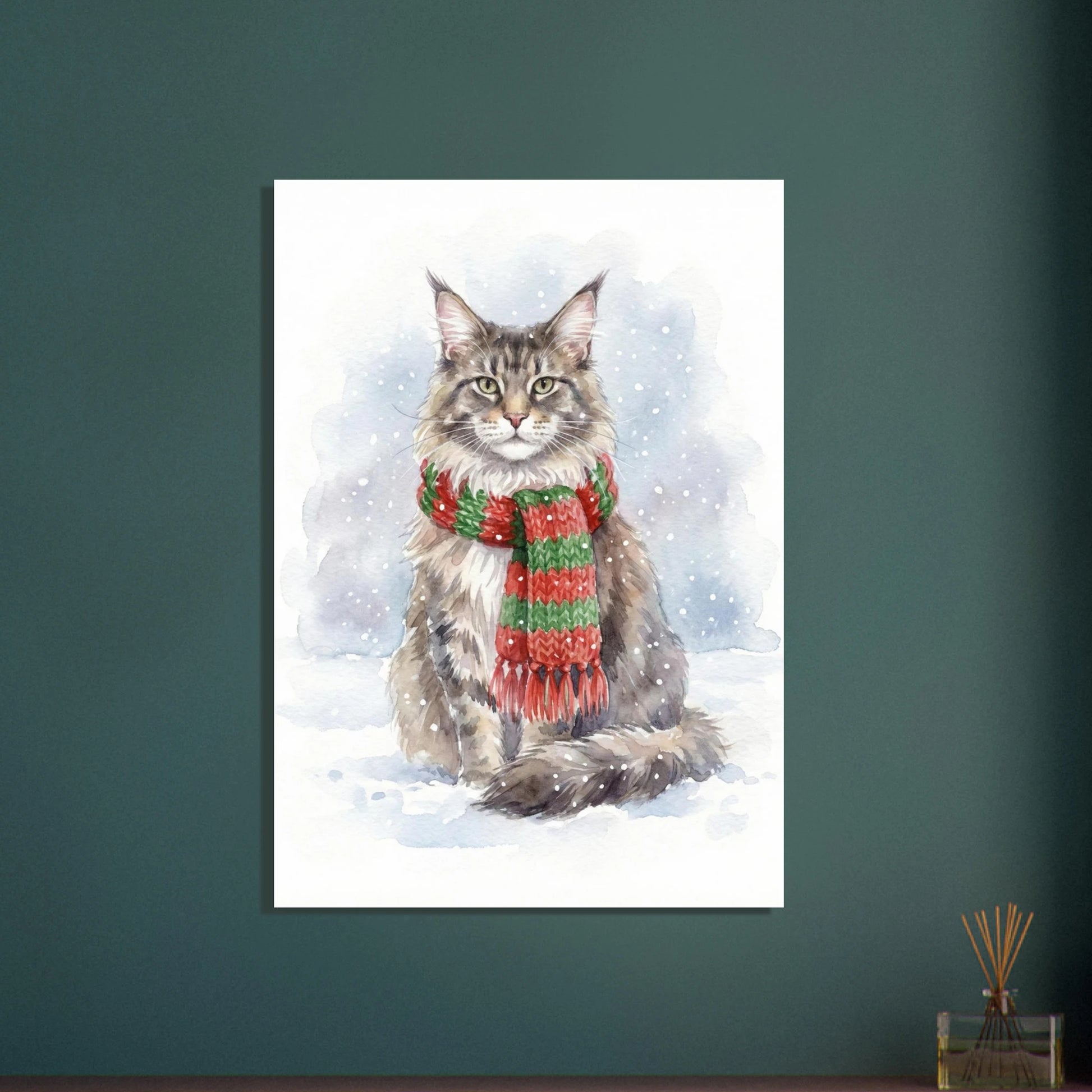 Kattansikte i akvarell med snöflinga på nosen, lugn stämning
