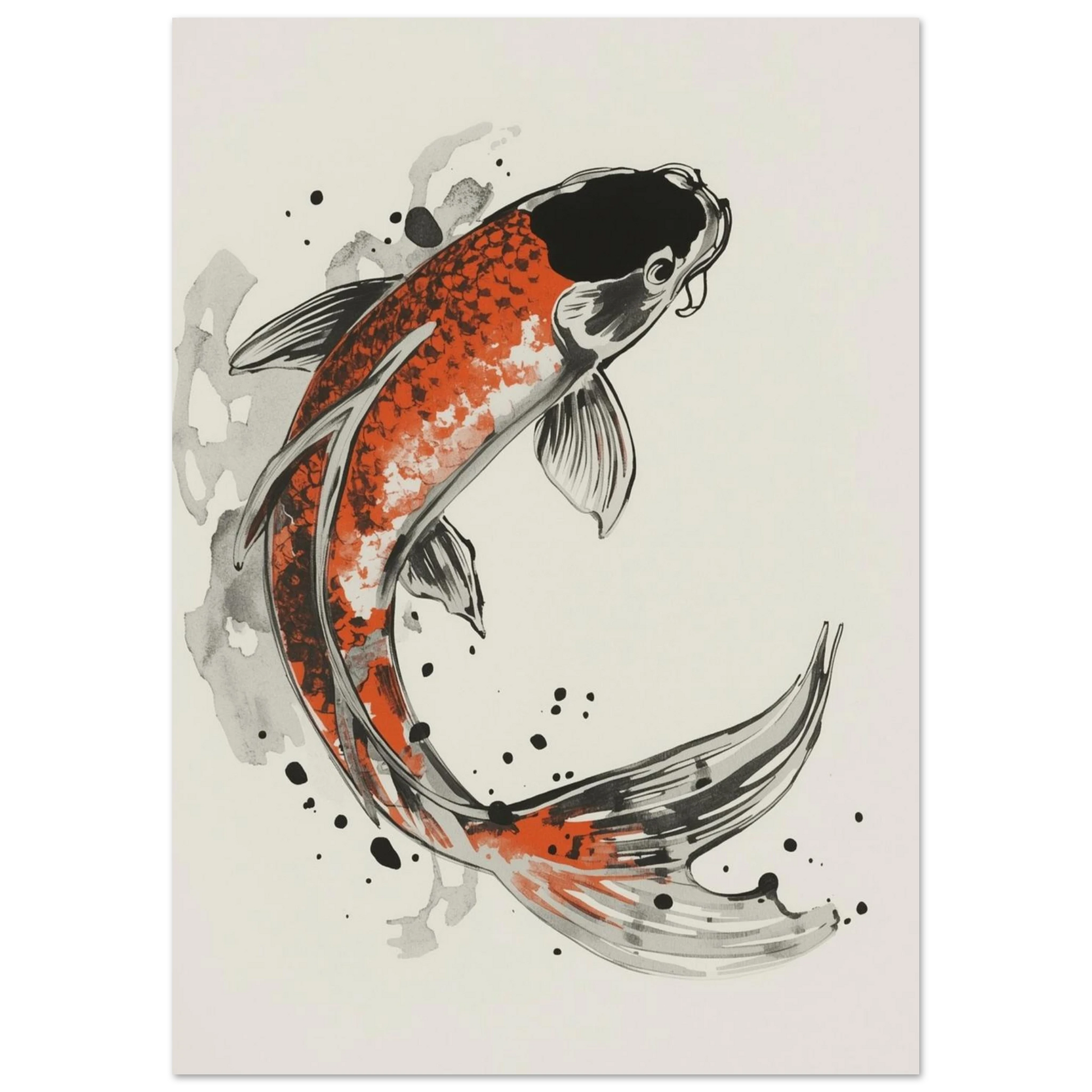Djurmotiv av en orange och svart koi-fisk på vit bakgrund