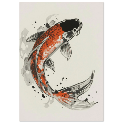 Djurmotiv av en orange och svart koi-fisk på vit bakgrund