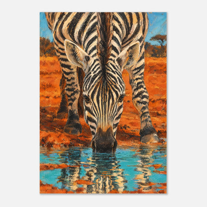 Zebra vid vattenhål speglad i turkost vatten i konstnärlig stil