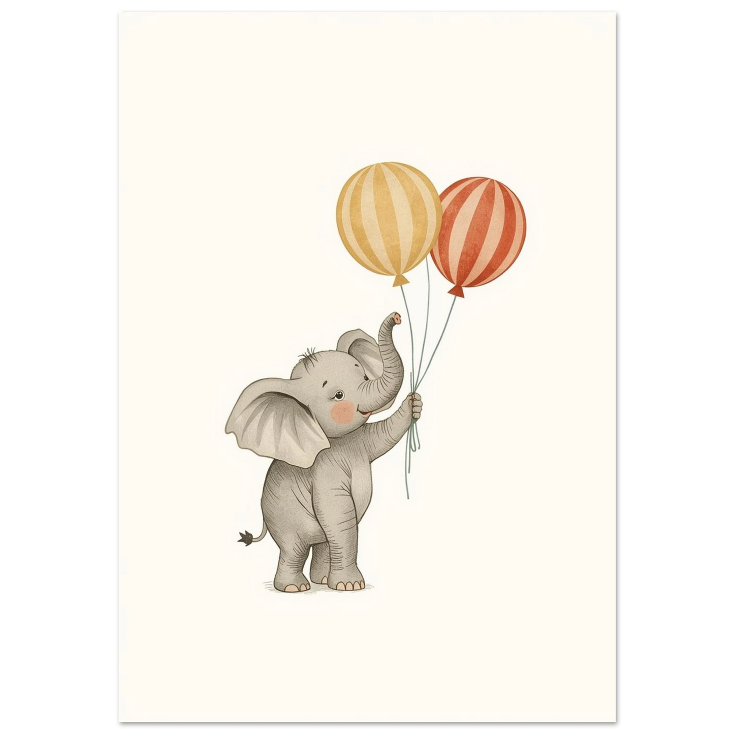 Grå babyelefant med två randiga ballonger på vit bakgrund – barnposter