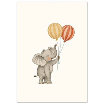 Grå babyelefant med två randiga ballonger på vit bakgrund – barnposter