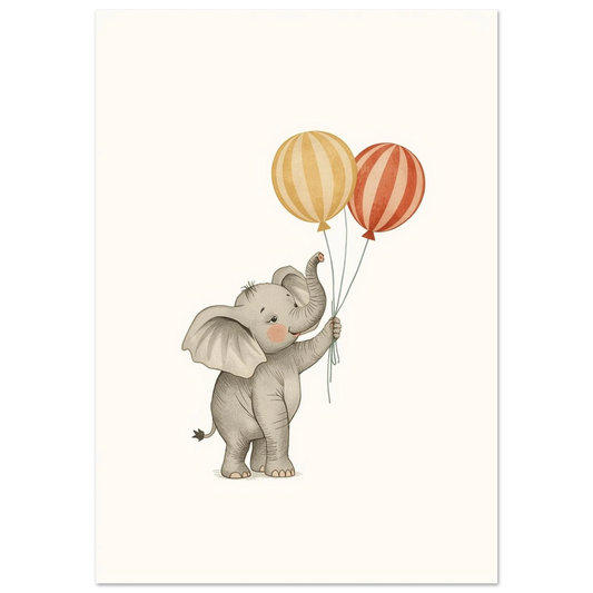 Grå babyelefant med två randiga ballonger på vit bakgrund – barnposter