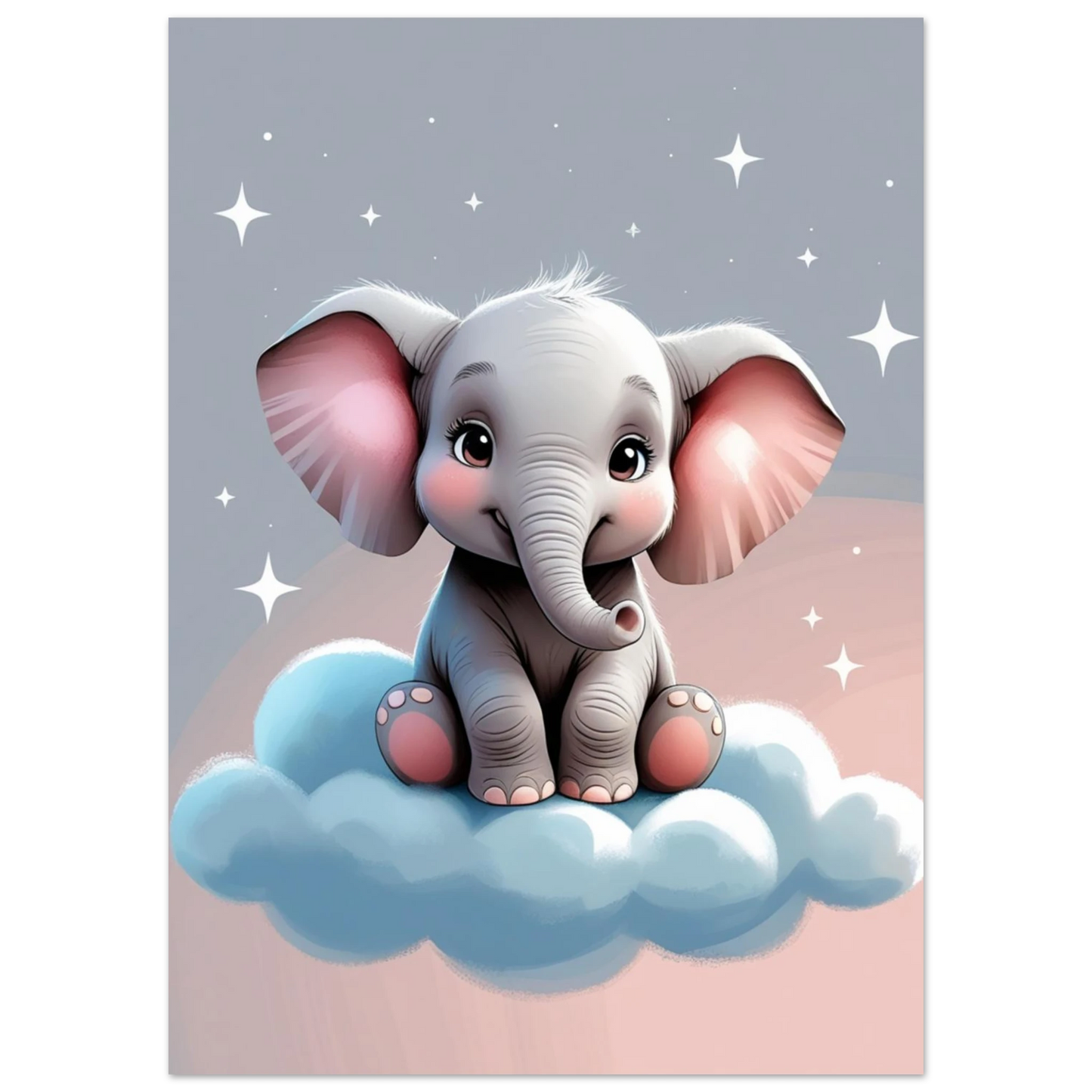 Illustration av liten elefant med rosa öron vilande på moln, djurmotiv