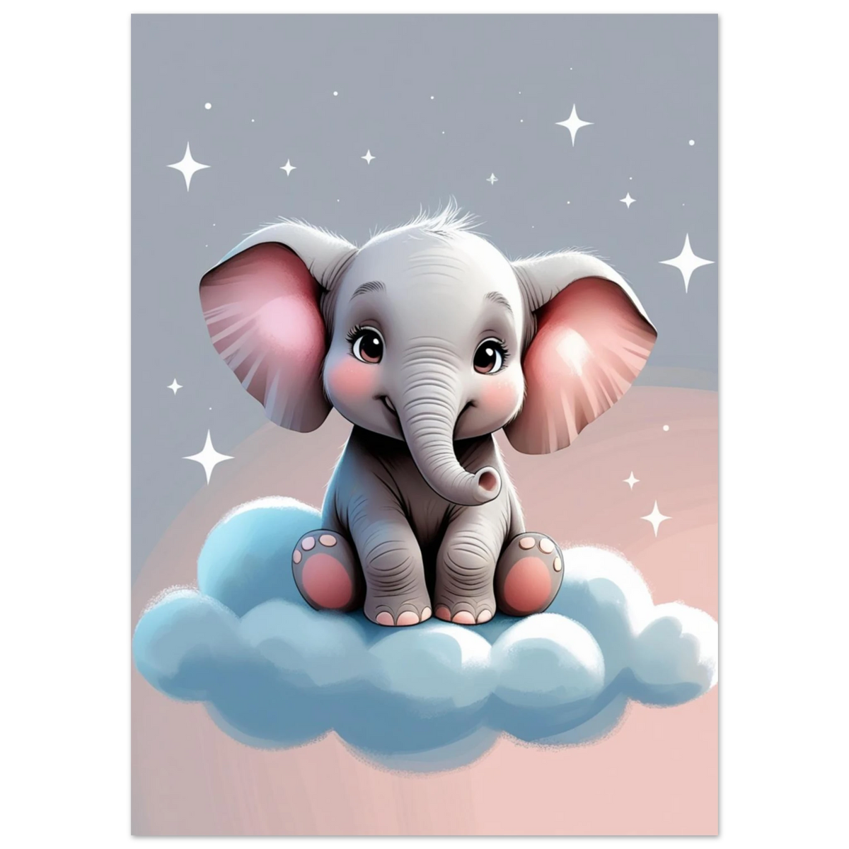 Illustration av liten elefant med rosa öron vilande på moln, djurmotiv