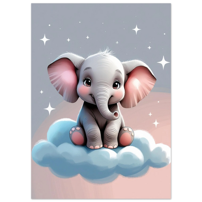 Illustration av liten elefant med rosa öron vilande på moln, djurmotiv