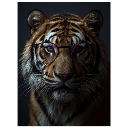 Stilfull tigerposter med glasögon och skarpa detaljer i pälsen