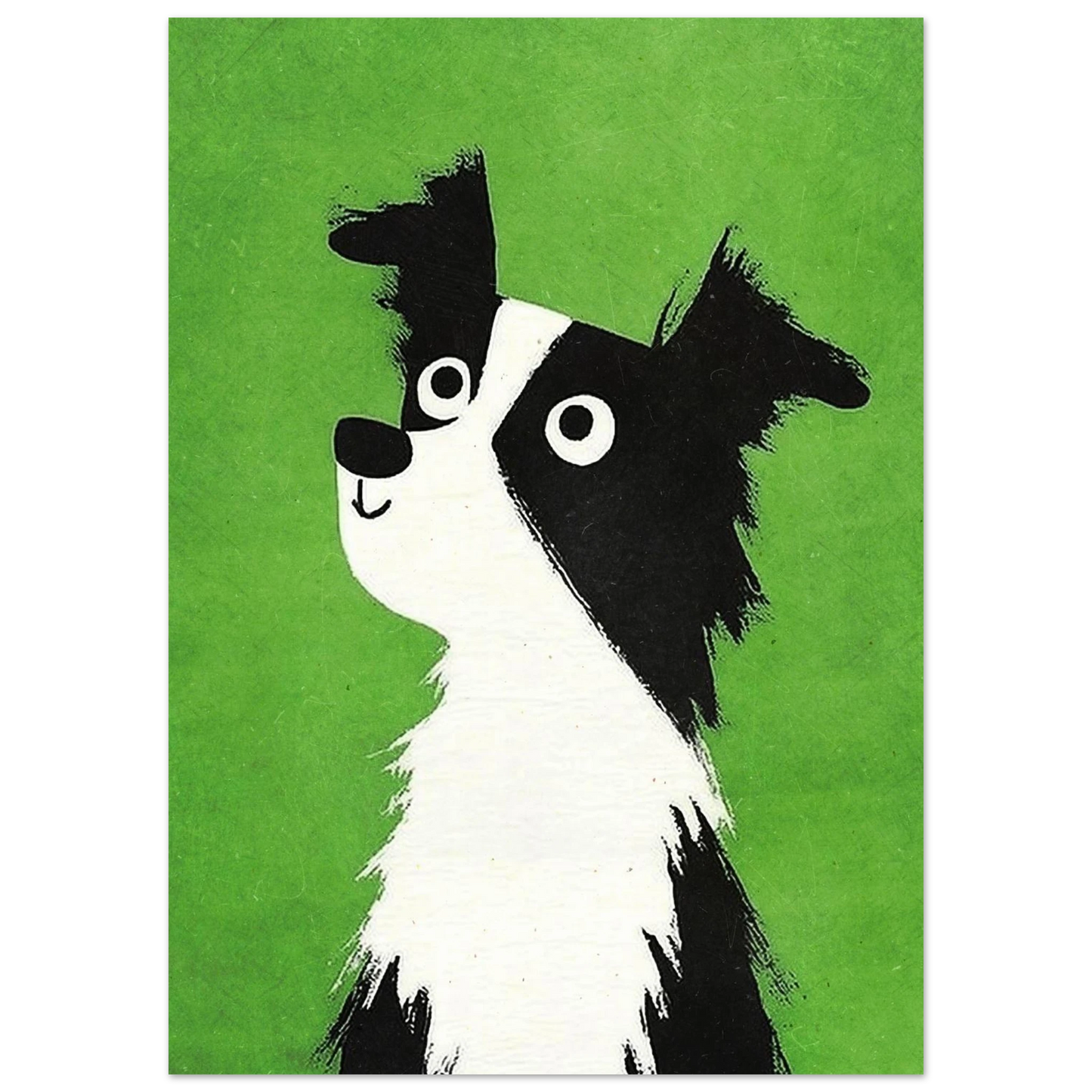 Svartvit hundillustration med stora ögon och grön texturerad bakgrund