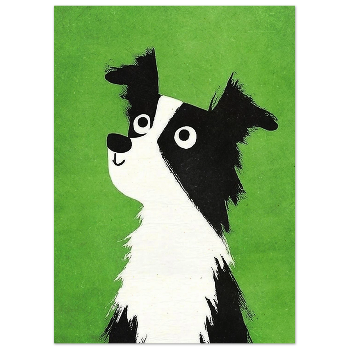Svartvit hundillustration med stora ögon och grön texturerad bakgrund