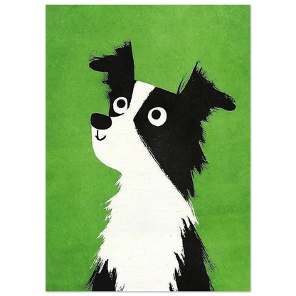Svartvit hundillustration med stora ögon och grön texturerad bakgrund