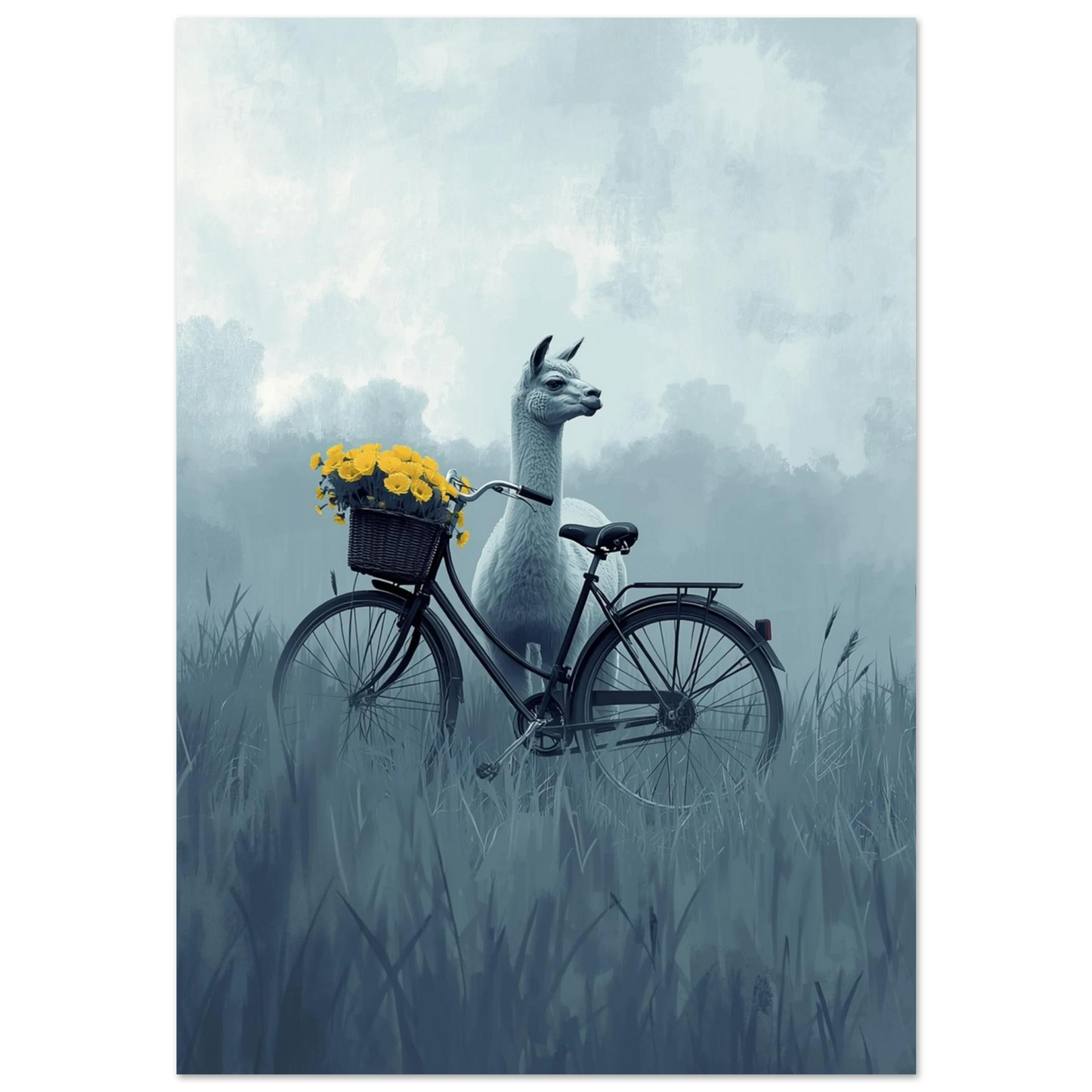 Vit alpacka i disigt gräslandskap bredvid svart cykel – surrealistisk djurposter