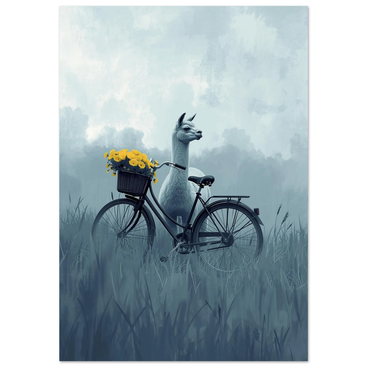 Vit alpacka i disigt gräslandskap bredvid svart cykel – surrealistisk djurposter