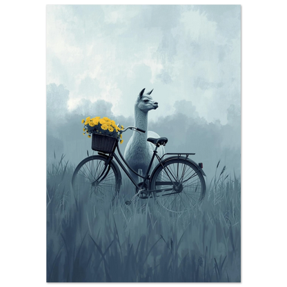Vit alpacka i disigt gräslandskap bredvid svart cykel – surrealistisk djurposter