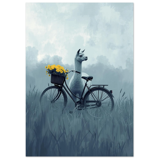 Vit alpacka i disigt gräslandskap bredvid svart cykel – surrealistisk djurposter