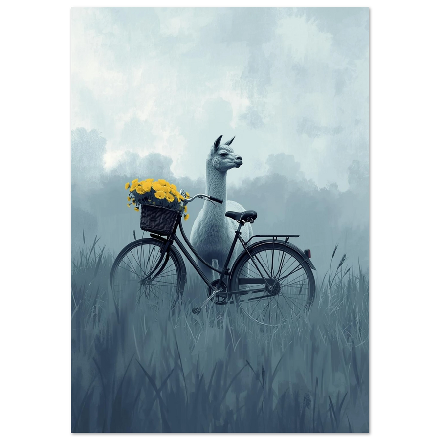 Vit alpacka i disigt gräslandskap bredvid svart cykel – surrealistisk djurposter